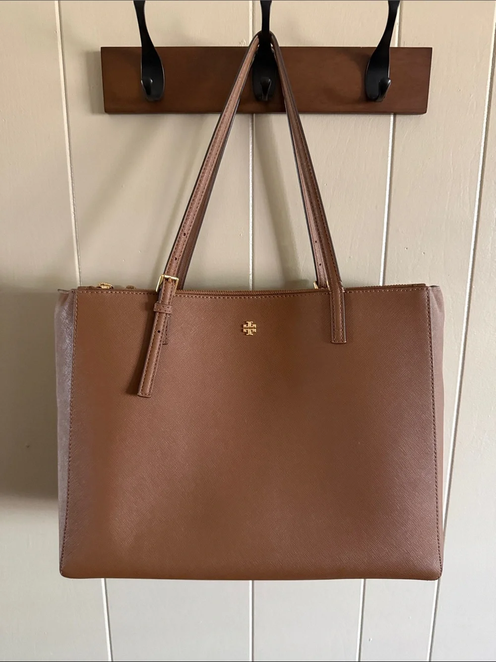 Tory Burch Brown Leather Tote with Gold Logo